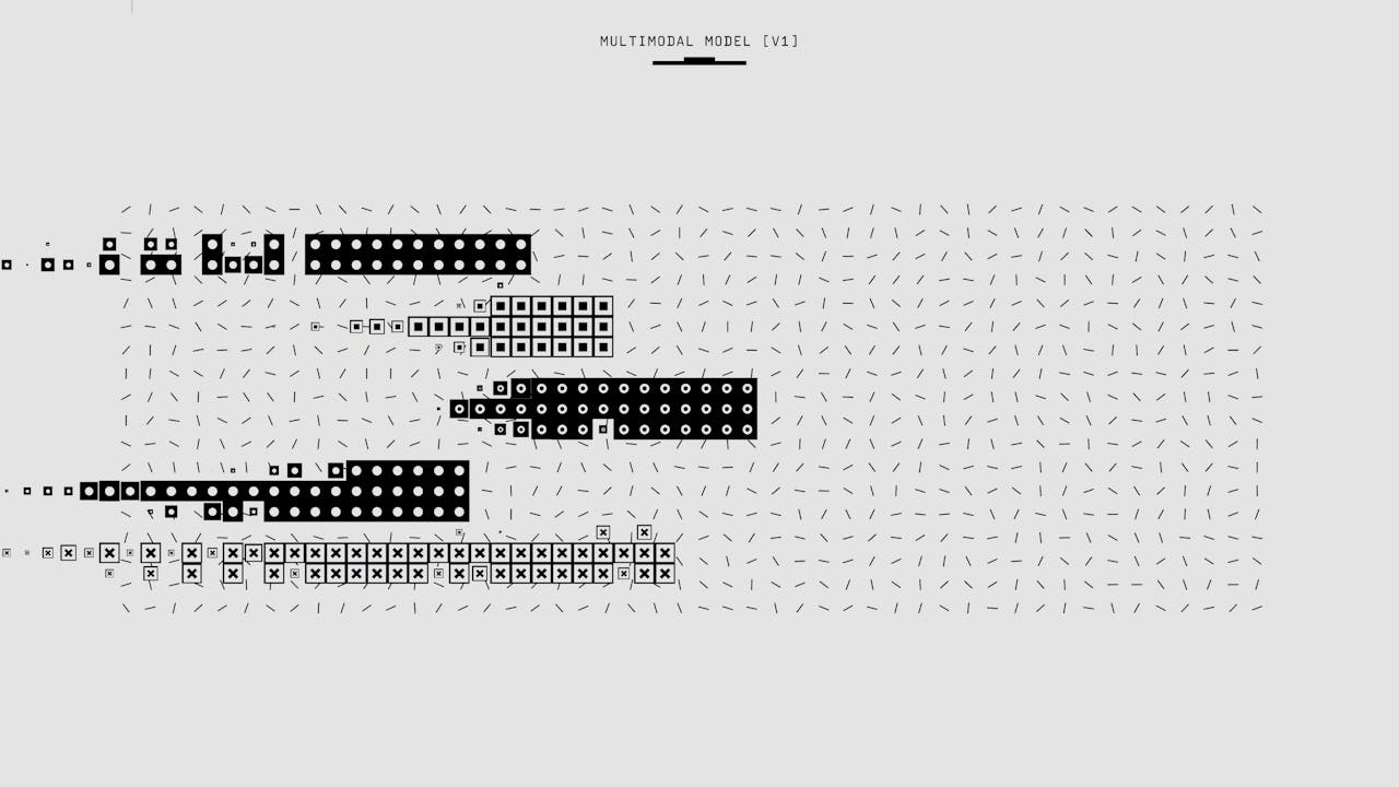 Abstract black and white graphic featuring a multimodal model pattern with various shapes.